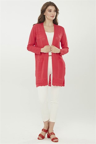 Женский удлиненный трикотажный кардиган ярко красного цвета