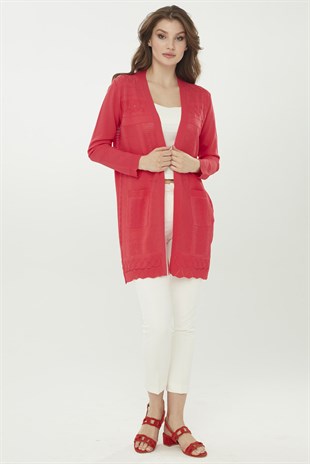 Женский удлиненный трикотажный кардиган ярко красного цвета