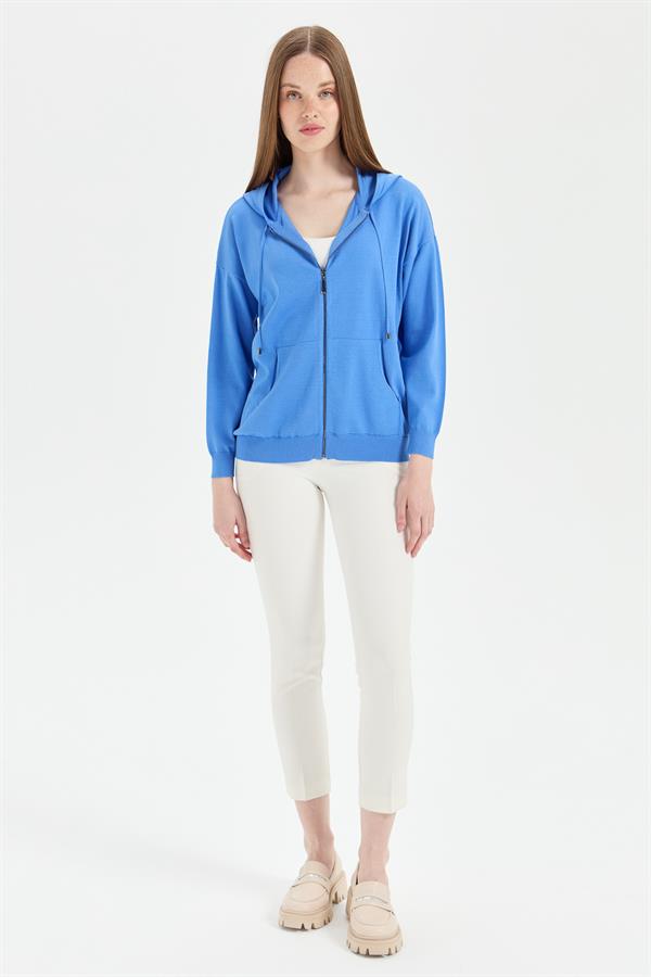 Женский удлиненный трикотажный летний кардиган с капюшоном синий