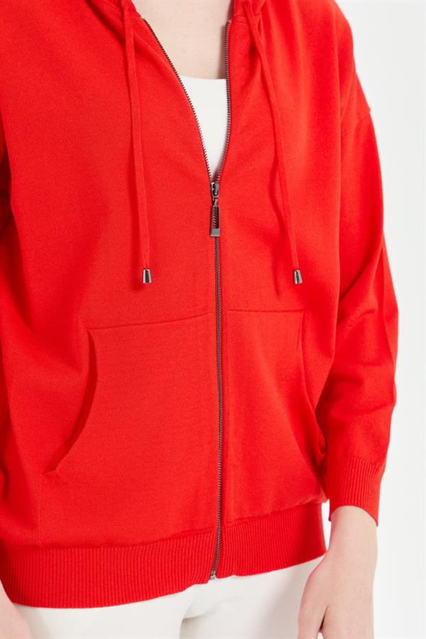 Женский удлиненный трикотажный летний кардиган с капюшоном коралл