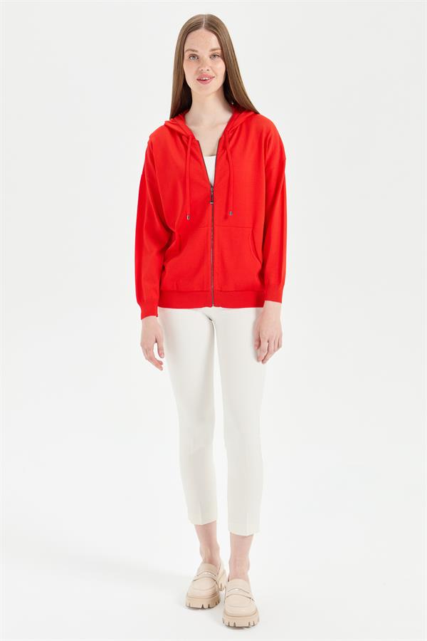 Женский удлиненный трикотажный летний кардиган с капюшоном коралл