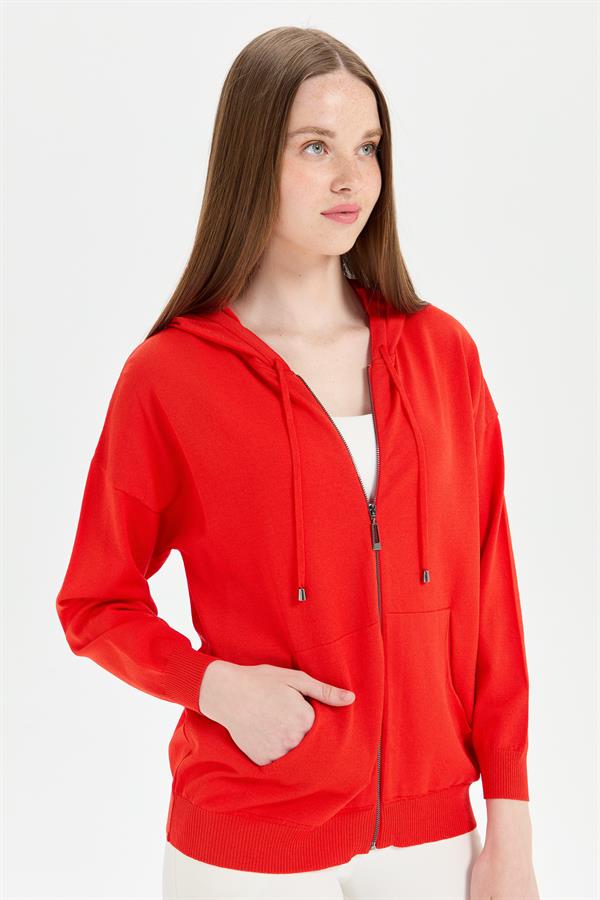 Женский удлиненный трикотажный летний кардиган с капюшоном коралл