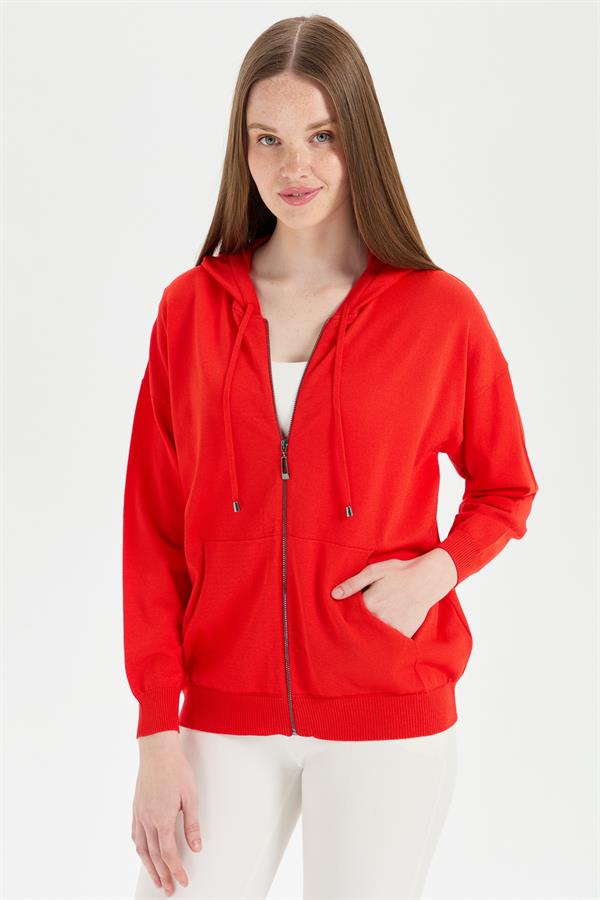 Женский удлиненный трикотажный летний кардиган с капюшоном коралл