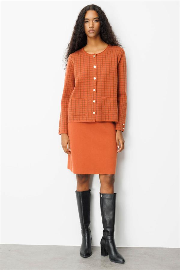 Kadın Triko Kareli Simli Ceket Kiremit