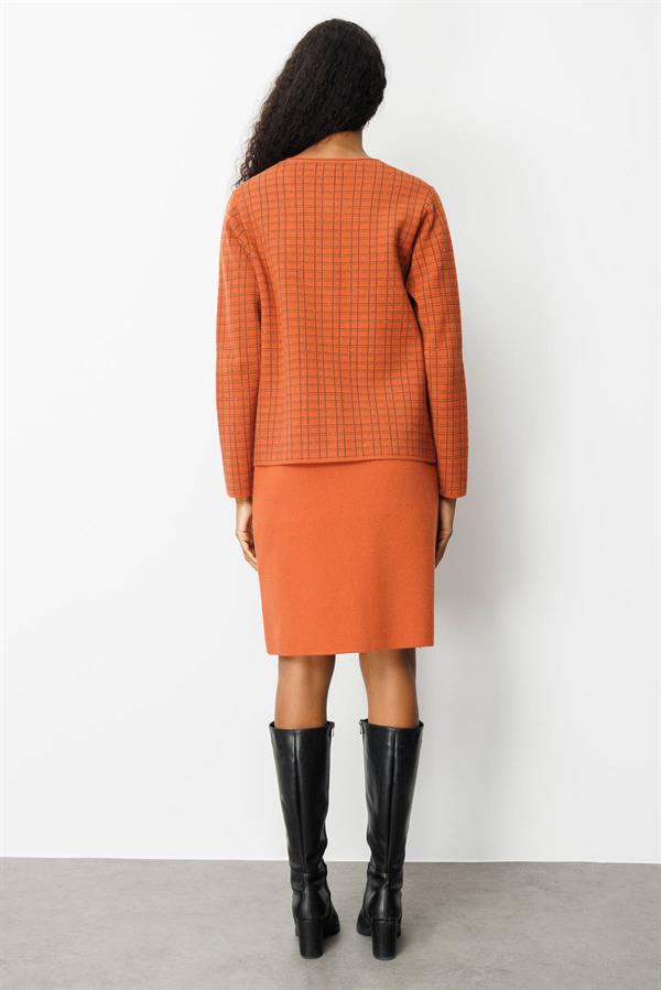 Kadın Triko Kareli Simli Ceket Kiremit