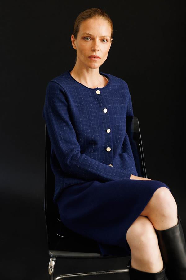 Kadın Triko Kareli Simli Ceket Lacivert