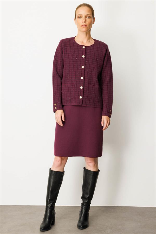 Kadın Triko Kareli Simli Ceket Mürdüm