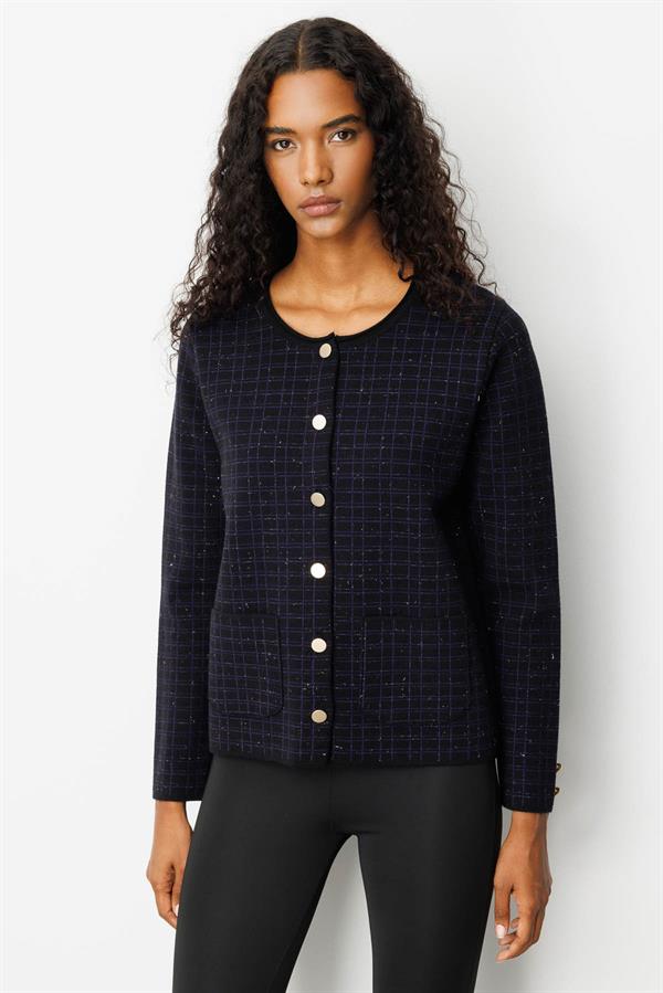 Kadın Triko Kareli Simli Ceket Siyah