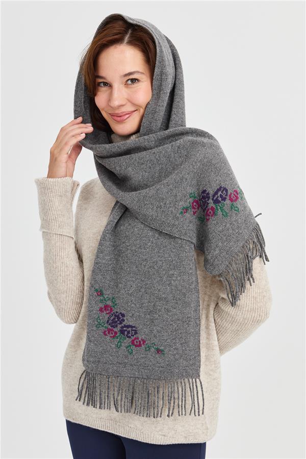 Женский трикотажный шерстяной шарф с цветочной каймой