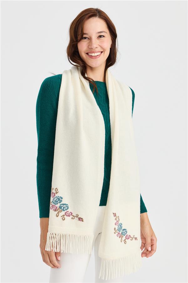 Женский трикотажный шерстяной шарф с цветочной каймой