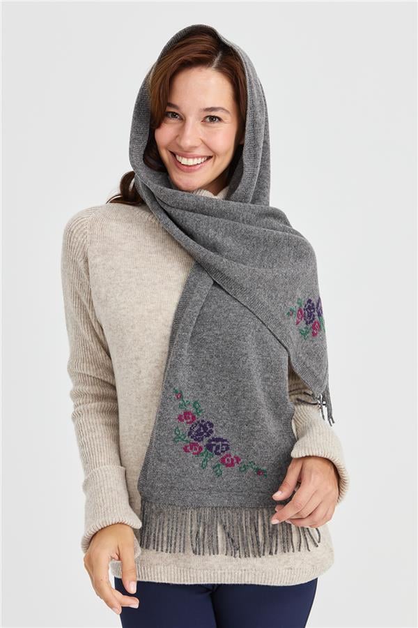 Женский трикотажный шерстяной шарф с цветочной каймой