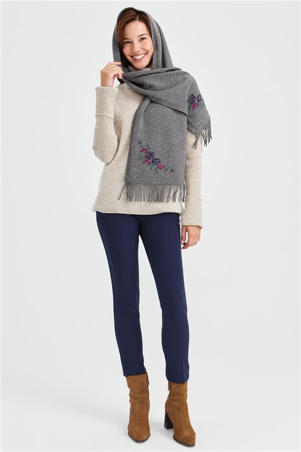 Женский трикотажный шерстяной шарф с цветочной каймой