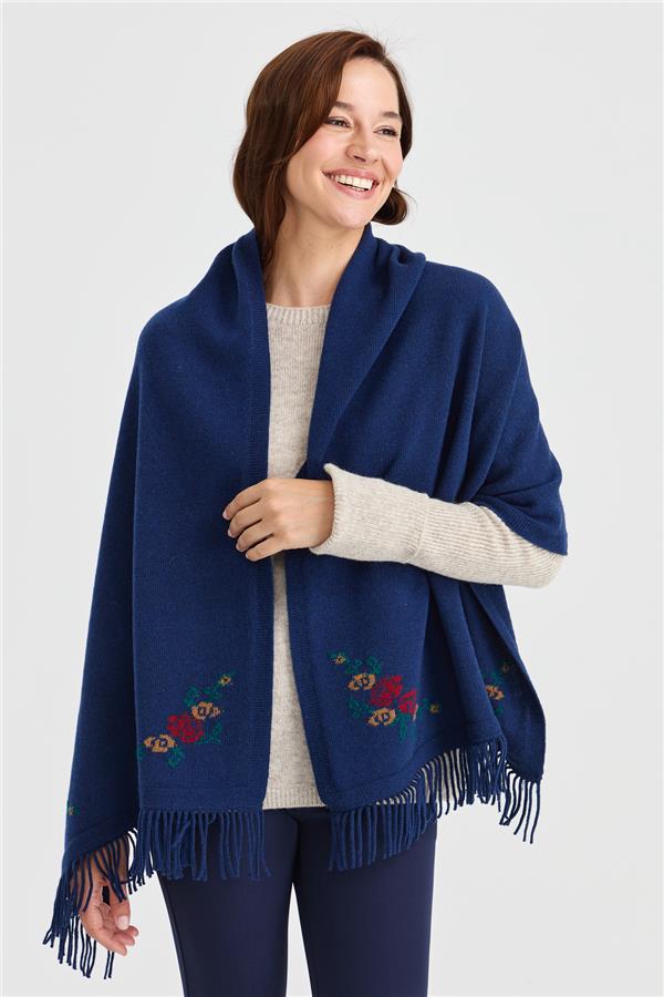 Женская шерстяная трикотажная шаль с цветочным краем