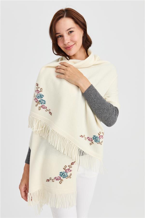 Женская шерстяная трикотажная шаль с цветочным краем