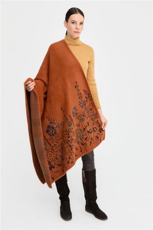 Kadın Triko Kenarları Kır Çiçeği Desenli Yün Şal 07