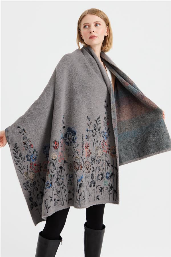 Женская шерстяная трикотажная шаль с узором полевых цветов по краям