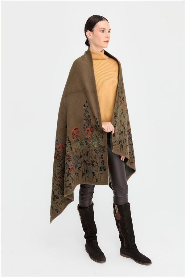 Kadın Triko Kenarları Kır Çiçeği Desenli Yün Şal 08