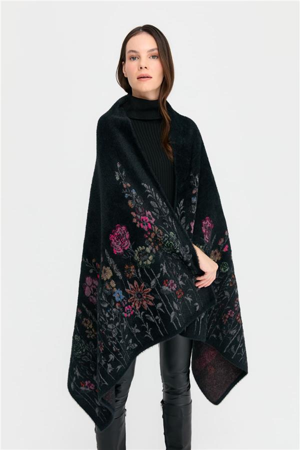 Kadın Triko Kenarları Kır Çiçeği Desenli Yün Şal 06