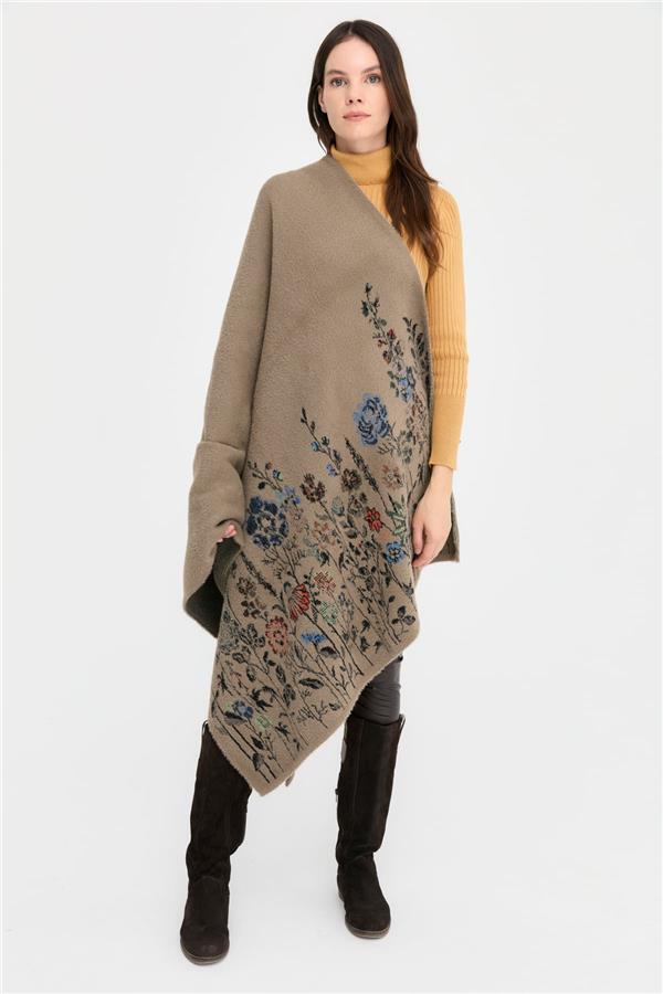 Kadın Triko Kenarları Kır Çiçeği Desenli Yün Şal 10