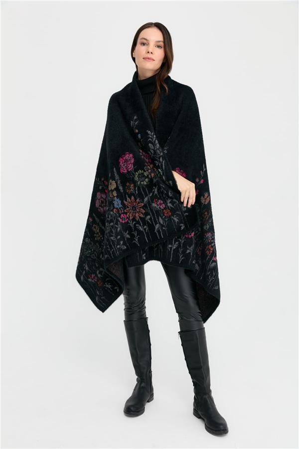 Kadın Triko Kenarları Kır Çiçeği Desenli Yün Şal 06