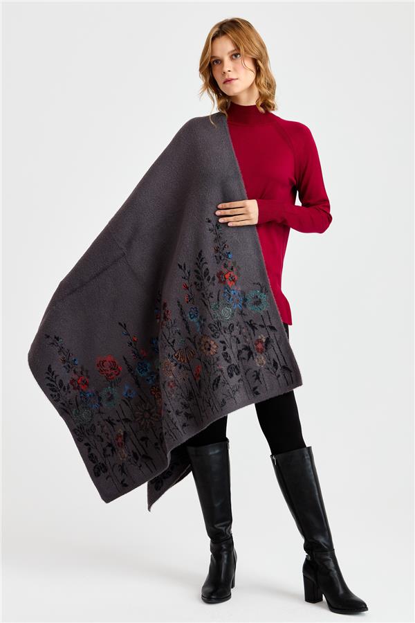 Женская шерстяная трикотажная шаль с узором полевых цветов по краям