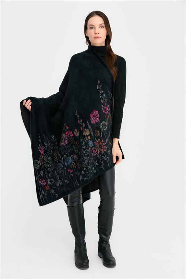 Kadın Triko Kenarları Kır Çiçeği Desenli Yün Şal 06