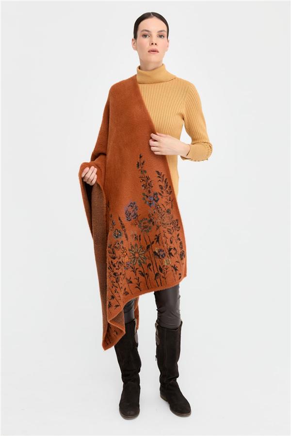 Kadın Triko Kenarları Kır Çiçeği Desenli Yün Şal 07