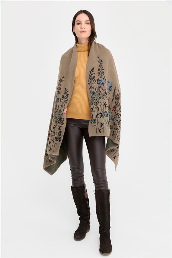 Kadın Triko Kenarları Kır Çiçeği Desenli Yün Şal 10