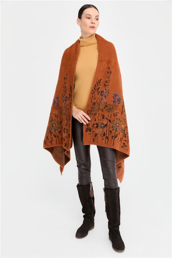 Kadın Triko Kenarları Kır Çiçeği Desenli Yün Şal 07