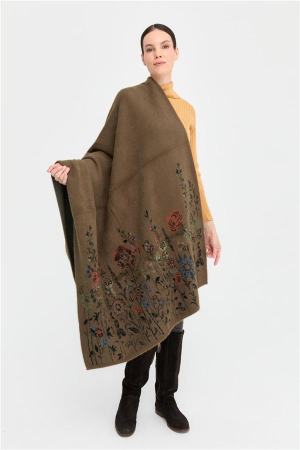 Kadın Triko Kenarları Kır Çiçeği Desenli Yün Şal 08