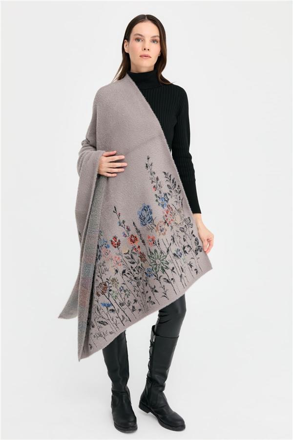 Kadın Triko Kenarları Kır Çiçeği Desenli Yün Şal 11
