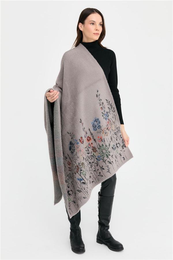 Kadın Triko Kenarları Kır Çiçeği Desenli Yün Şal 11