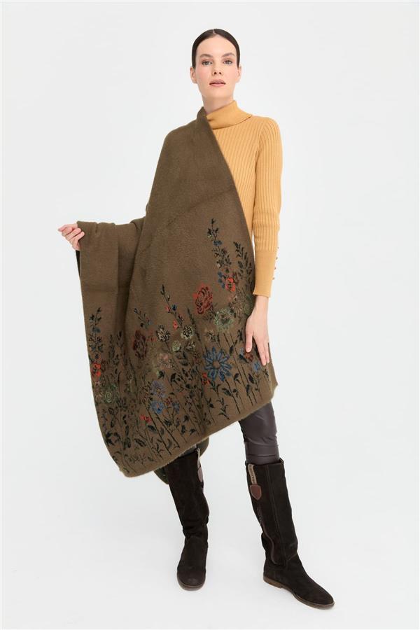 Kadın Triko Kenarları Kır Çiçeği Desenli Yün Şal 08