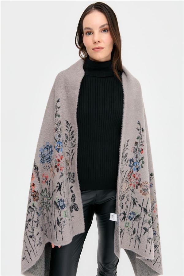 Kadın Triko Kenarları Kır Çiçeği Desenli Yün Şal 11