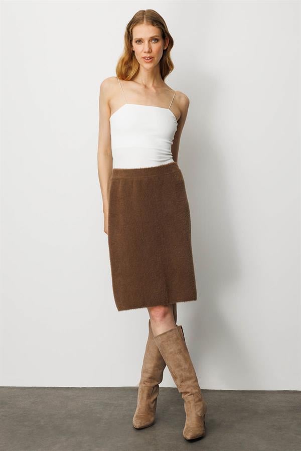 Kadın Triko Kısa Etek Kahve