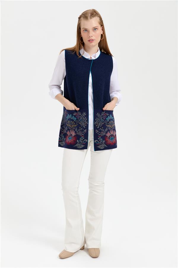 Kadın Triko Önü Açık Araboy Yün Yelek Y.A Lacivert