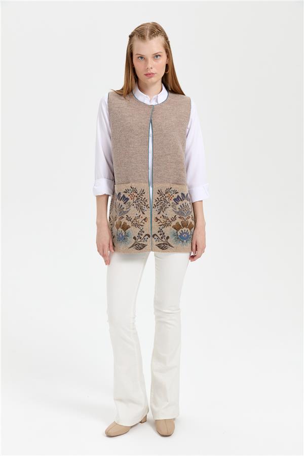 Kadın Triko Önü Açık Araboy Yün Yelek K.Bej