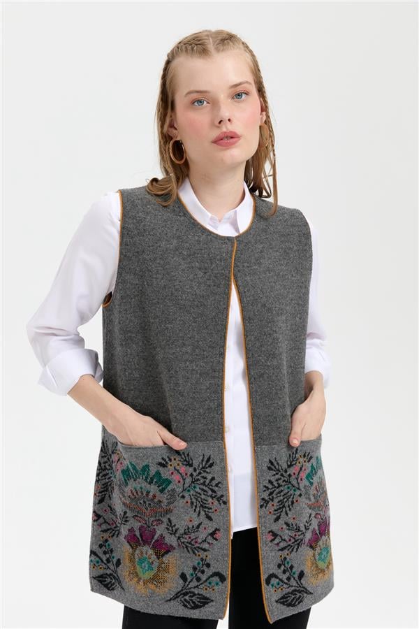 Kadın Triko Önü Açık Araboy Yün Yelek Füme