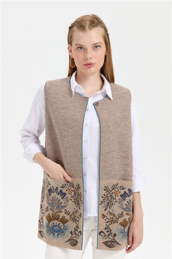 Kadın Triko Önü Açık Araboy Yün Yelek K.Bej