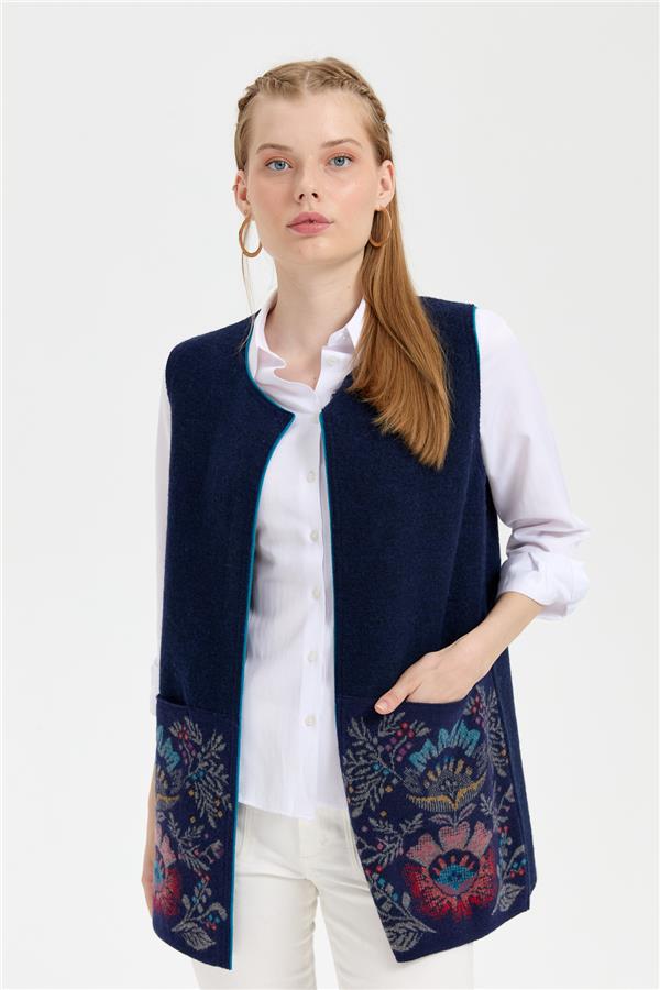 Kadın Triko Önü Açık Araboy Yün Yelek Y.A Lacivert