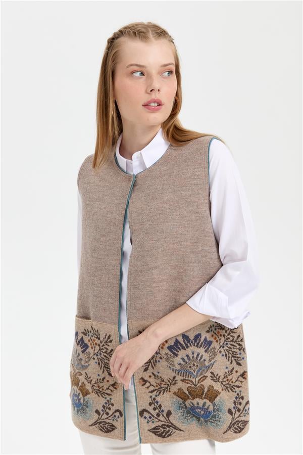 Kadın Triko Önü Açık Araboy Yün Yelek K.Bej