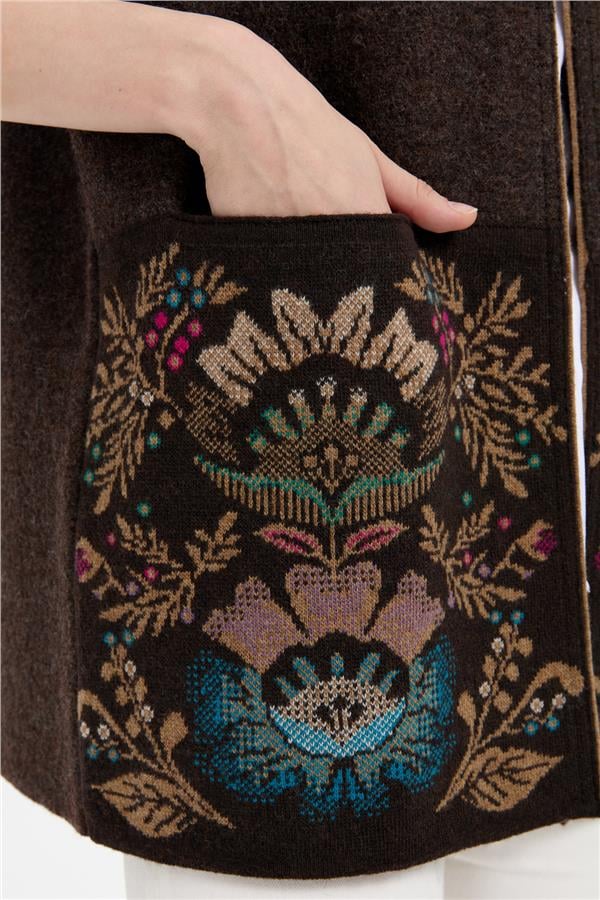 Kadın Triko Önü Açık Araboy Yün Yelek K.Kahve