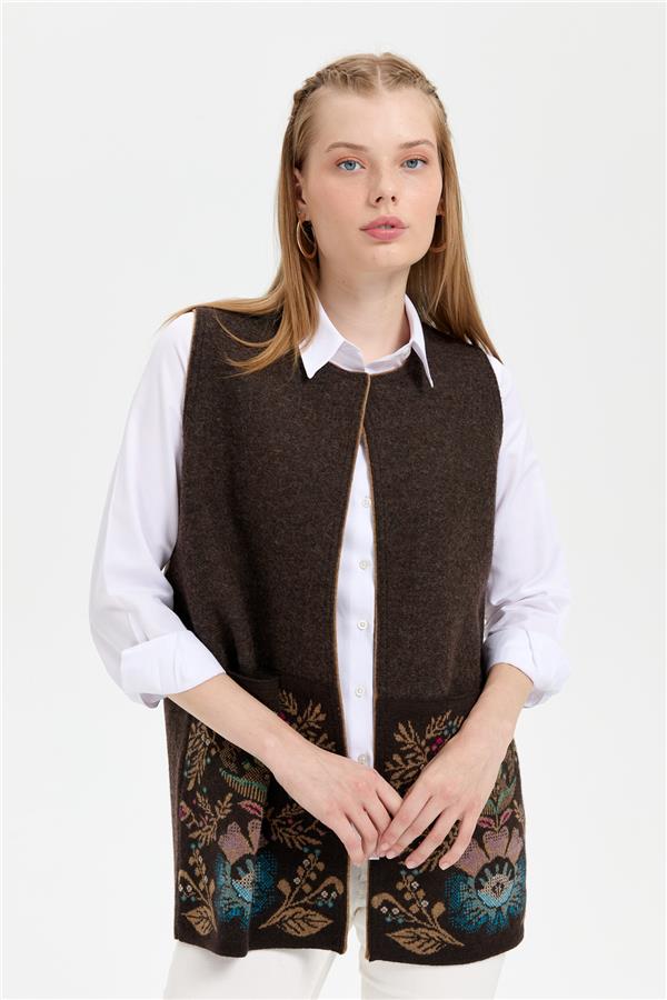 Kadın Triko Önü Açık Araboy Yün Yelek K.Kahve