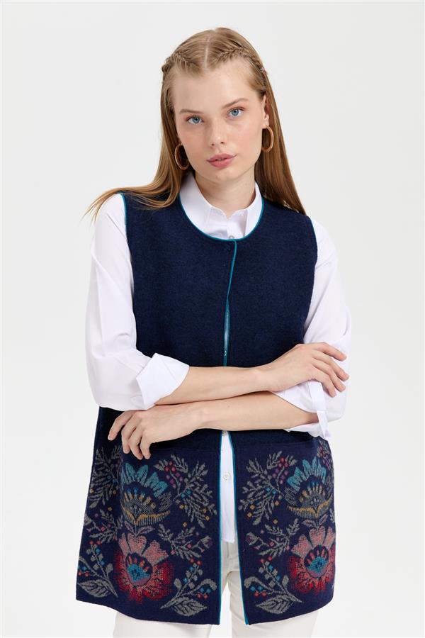 Kadın Triko Önü Açık Araboy Yün Yelek Y.A Lacivert