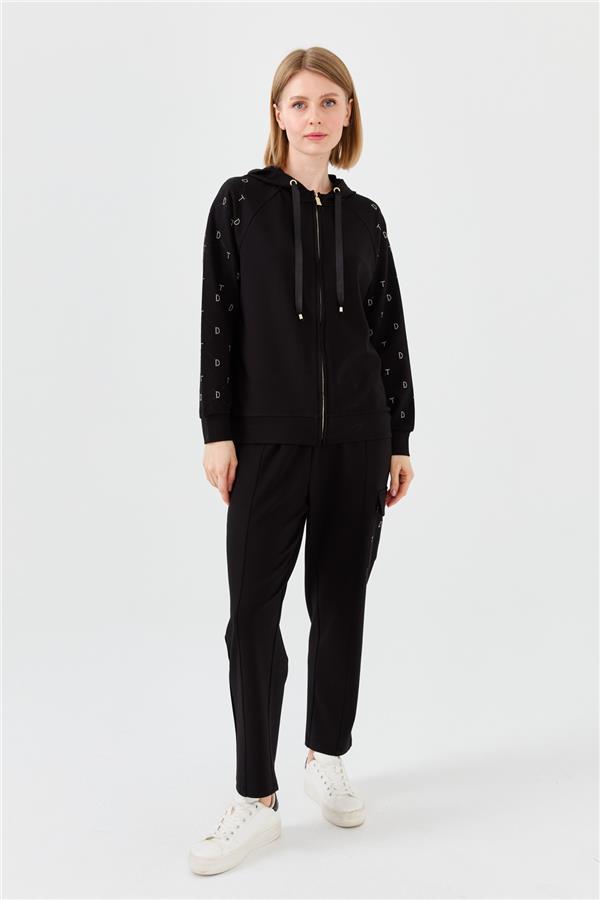 Женский летний трикотажный кардиган с капюшоном и принтом стразы черный