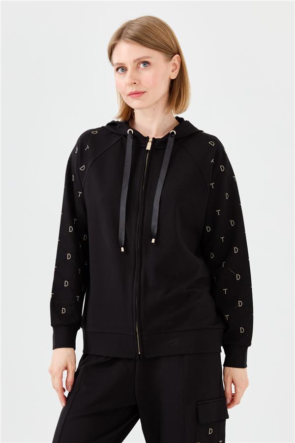 Женский летний трикотажный кардиган с капюшоном и принтом стразы черный