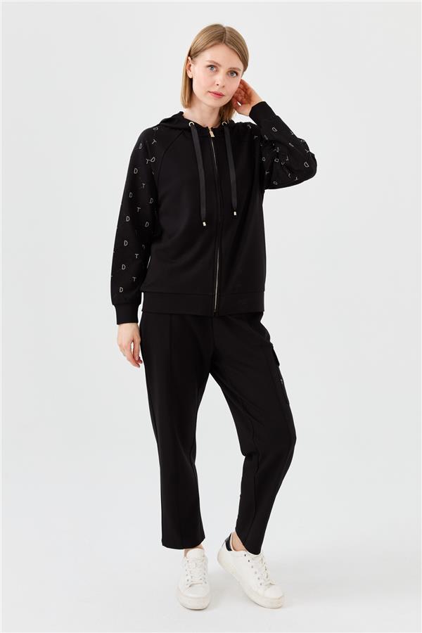 Женский летний трикотажный кардиган с капюшоном и принтом стразы черный