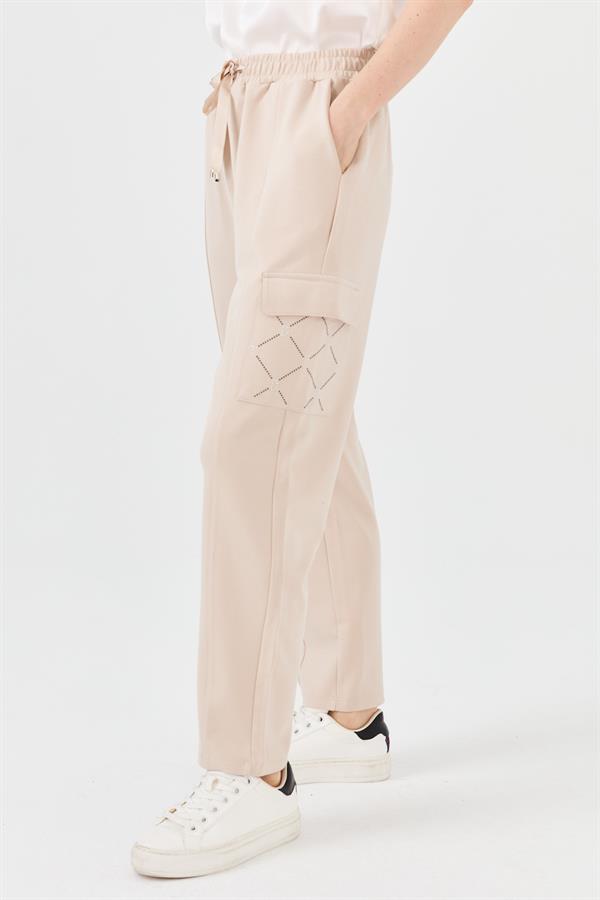 Kadın Triko Taş Baskılı Pantolon Bej