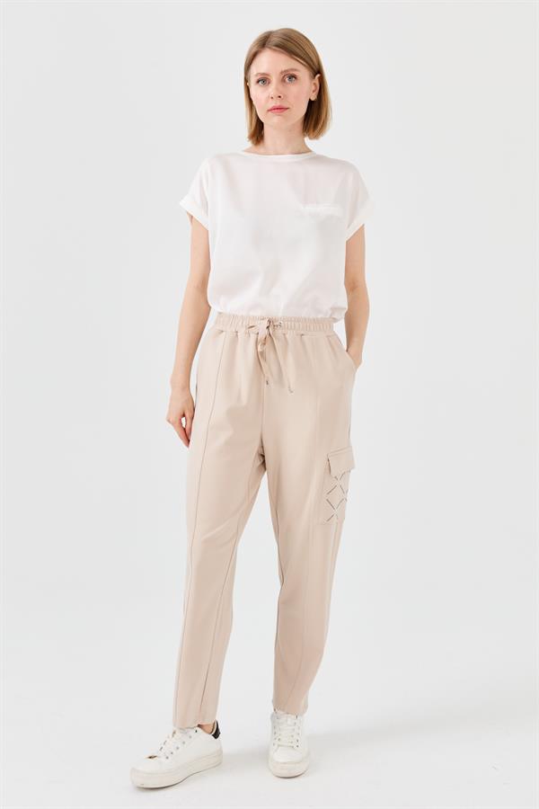 Kadın Triko Taş Baskılı Pantolon Bej