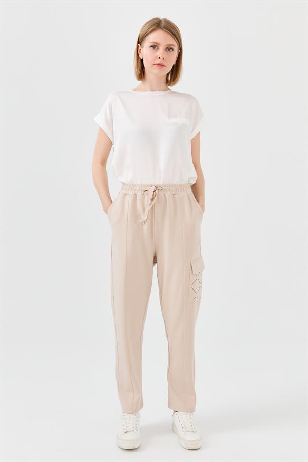 Kadın Triko Taş Baskılı Pantolon Bej